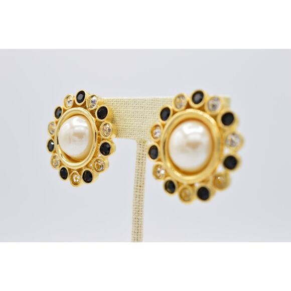 Givenchy Vintage Crystal Clip On Earrings Black Gold Pearl Chunky Signed 80s 9C - Picture 3 of 12